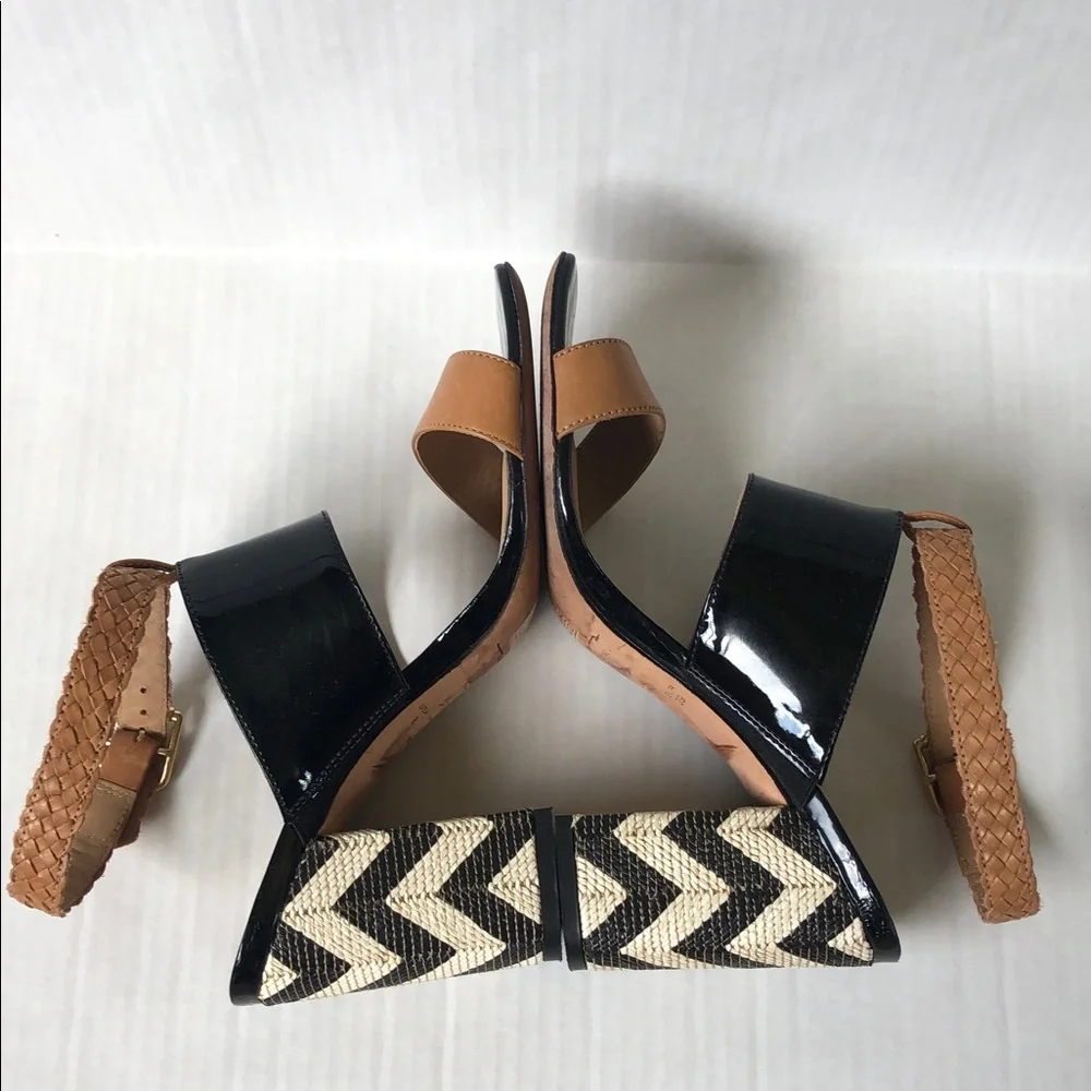 Tabita Brazil Patent leather Block Heel Sandals Black and Tan Size 8